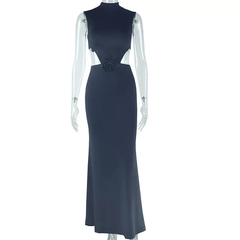 Fashionable Solid Color Maxi Dress for Women Sleeveless Round Neck Backless High Slit Ideal for