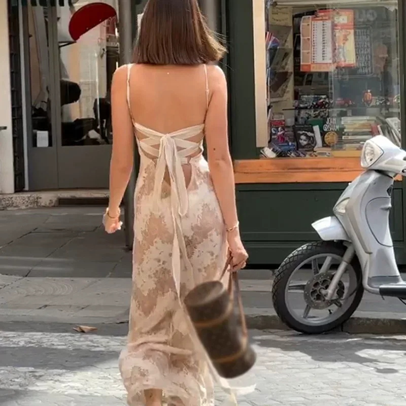 Elegant Vintage Backless Maxi Dress Sexy Low Cut Adjustable Straps Autumn Fashion Wholesale Avai