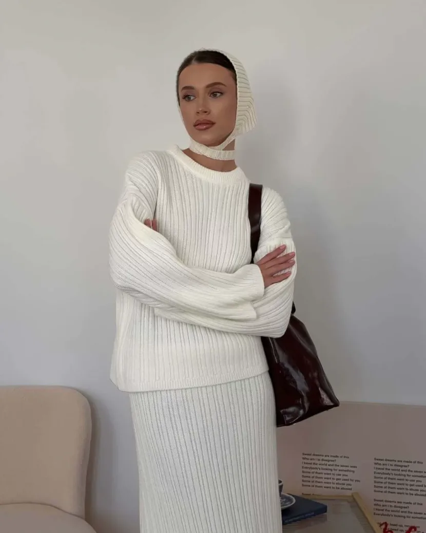 Womens Chunky Knit Sweater Set Solid Color Round Neck Loose Fit Includes Wide Leg Pants and Scar