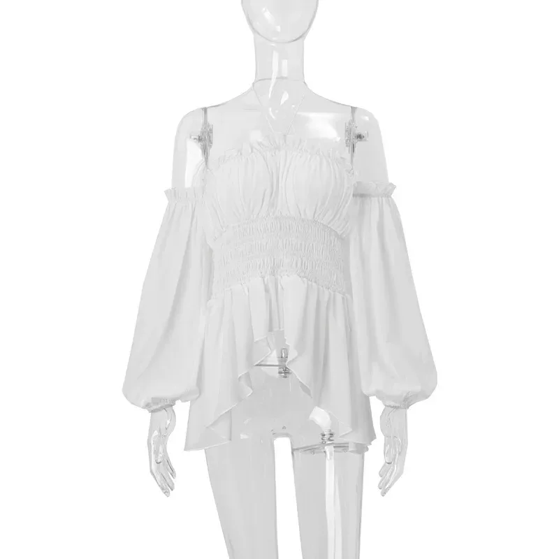 Off Shoulder Ruffled Blouse Slim Fit Lantern Sleeves Wrinkled Fabric Spring Fashion Wholesale Av