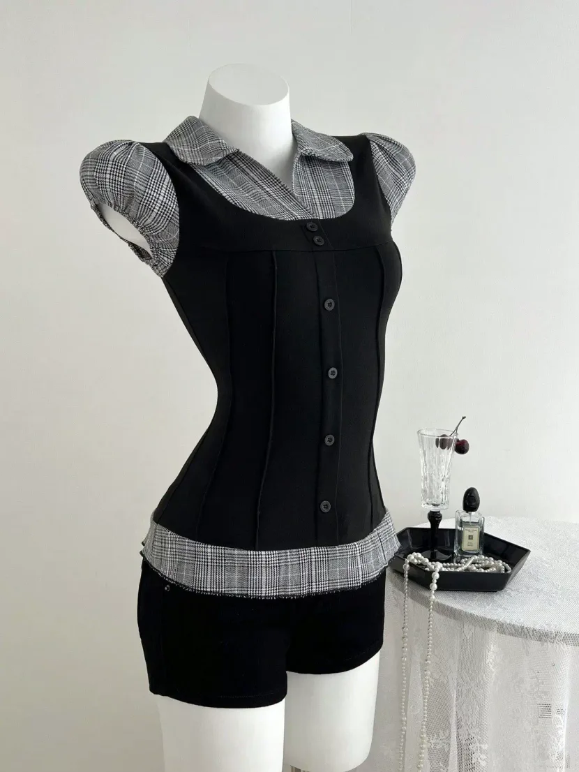 Color Block Plaid Short Sleeve T Shirt Slim Fit Waist Cinching Design Casual Style Ready to Ship