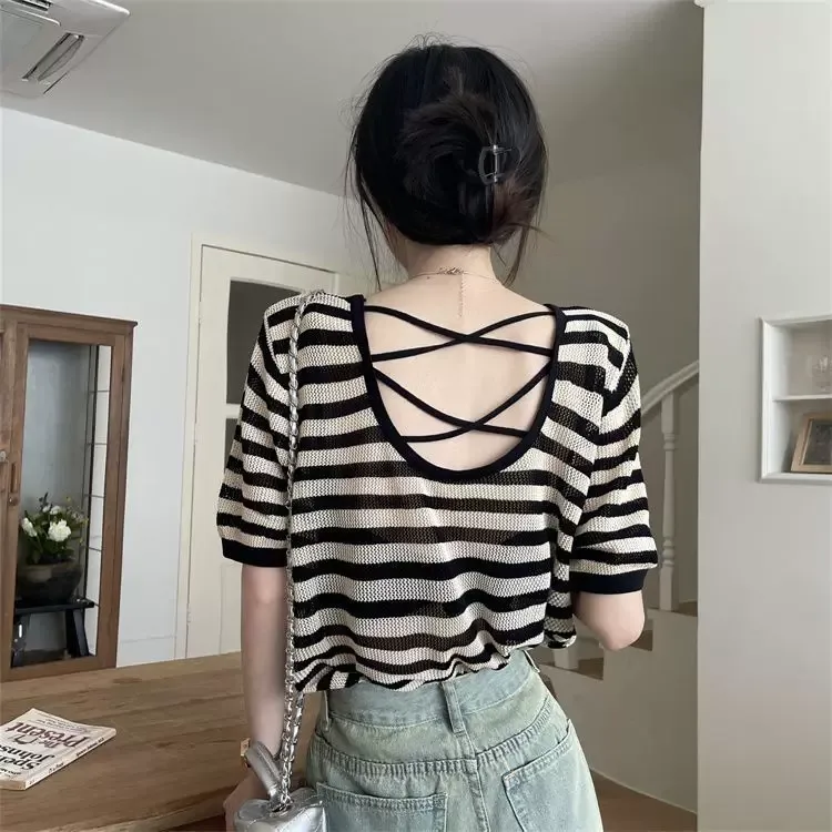 Womens Summer Casual T Shirt Cross Back Design Loose Fit Round Neck Knit Top Available in Black and Khaki Wholesale