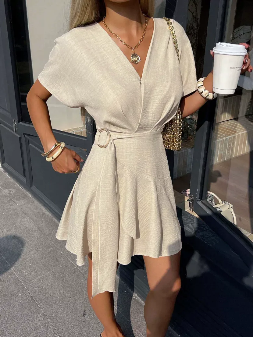 V Neck A Line Dress Soft European and American Style Waist Defining Asymmetrical Hem Unique Desi