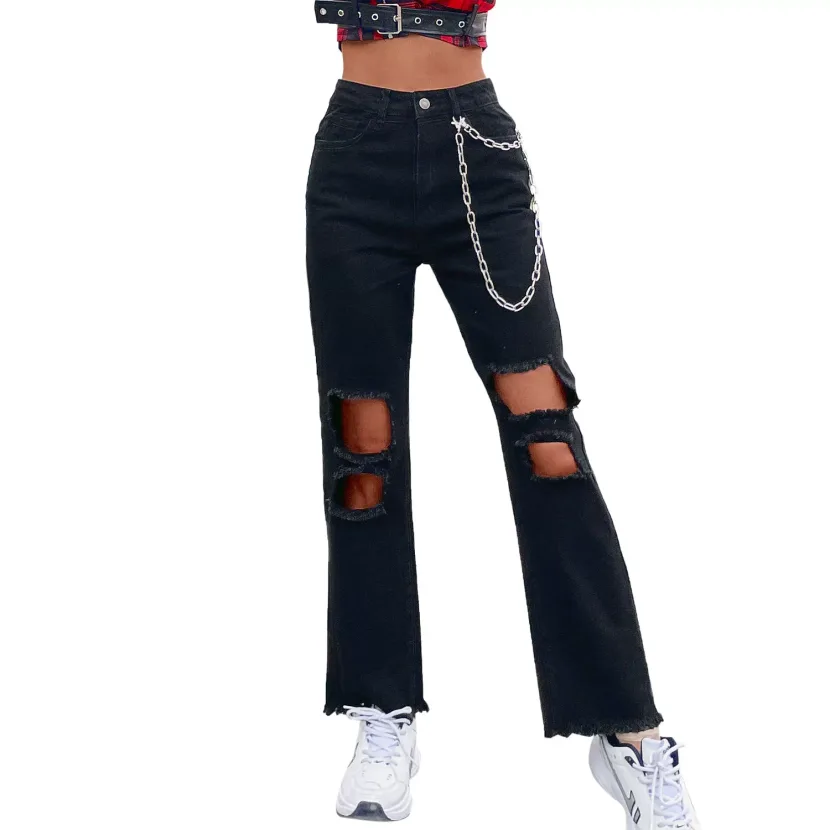 Womens Casual Ripped Denim Pants Trendy Chain Detail Stylish Fit Comfortable Fabric Perfect for