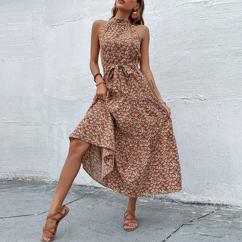 Floral Midi Dress Slim Fit Halter Neck Romantic Style Perfect for Vacation or Casual Outings Who