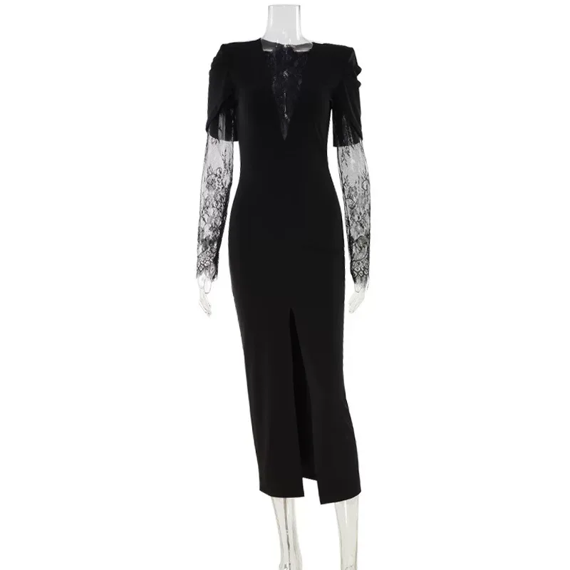 Elegant V Neck Lace Panel Bodycon Dress Chic Split Design Luxurious Feel Perfect for Autumn and