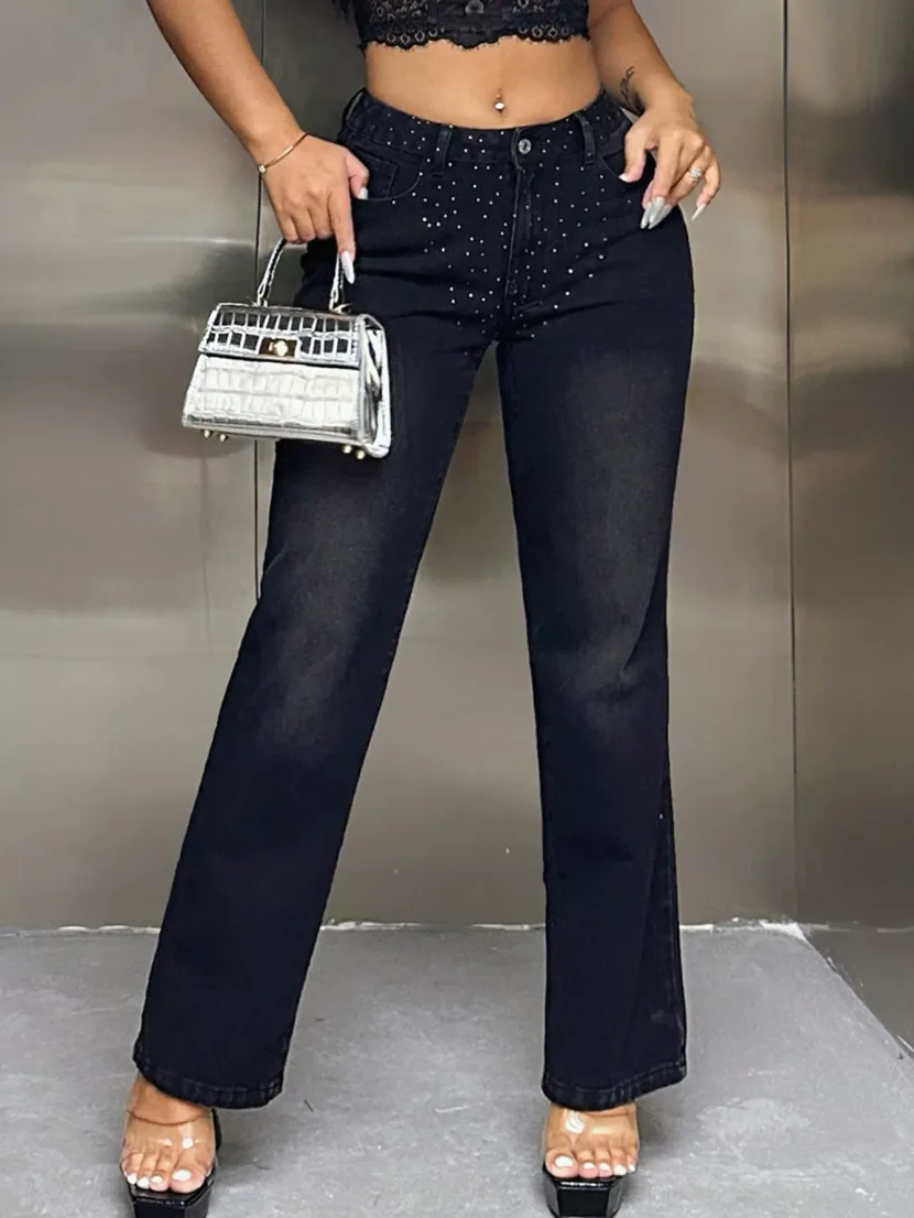 High Waisted Fashion Denim Straight Leg Pants Rhinestone Embellished Casual Style Womens Apparel
