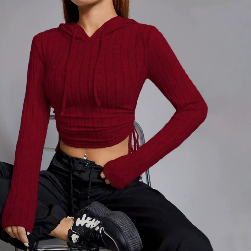 Womens Slim Fit Hooded T Shirt Burgundy Color Casual Style Autumn Winter Wear Wholesale Availabl