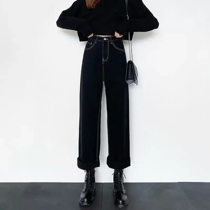 跨境黑色阔腿牛仔裤女2023新款韩版高腰显瘦百搭学生直筒拖地长裤