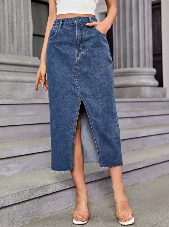 Denim Skirt High Split Casual Style Comfortable Fit Perfect for Summer Outings Wholesale Availab