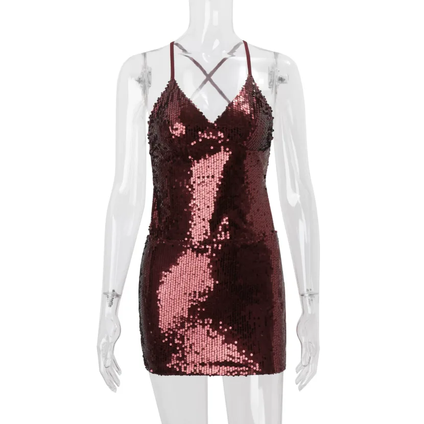 Sexy Backless Bodycon Mini Dress Sequined Lace Up Slim Fit Nightclub Party Wear Wholesale Availa