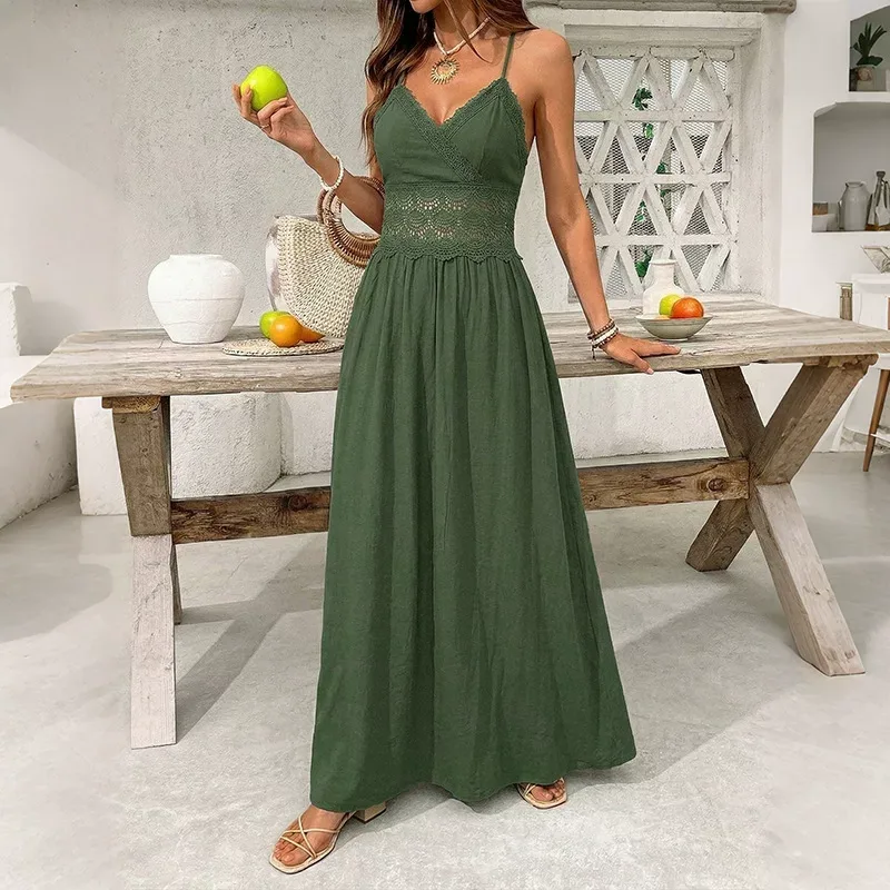 Lace Backless Dress Solid Color Sleeveless Ethnic Style Perfect for Vacation or Summer Events Wh
