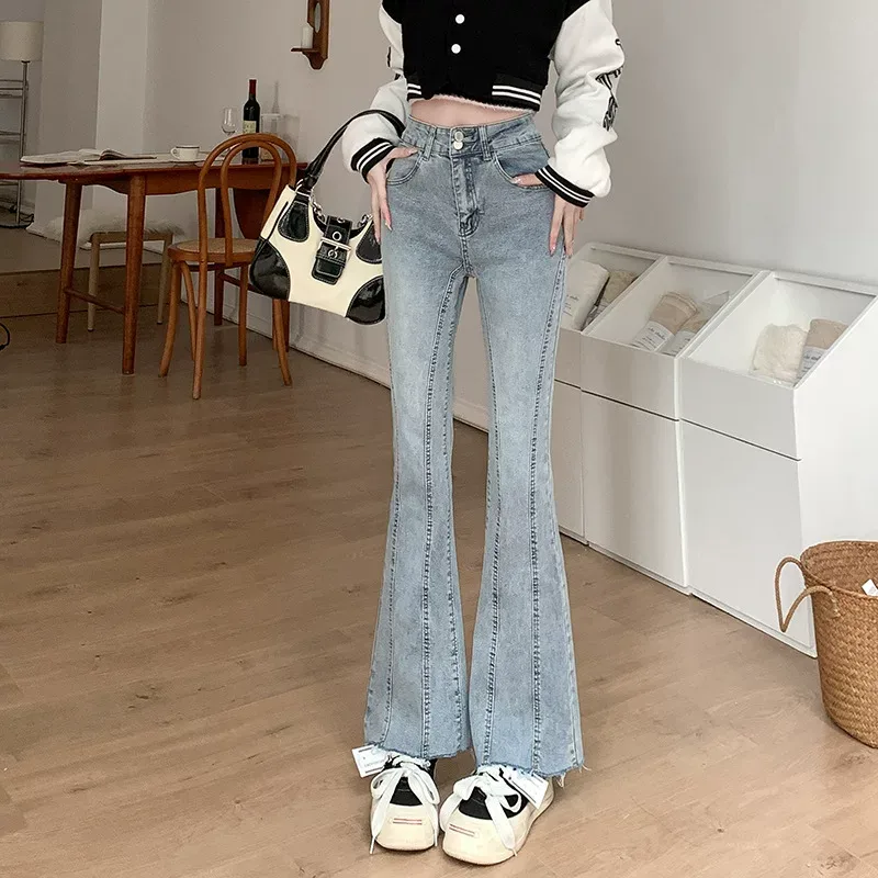 亚马逊高腰显瘦微喇裤牛仔裤女2023春秋新款辣妹直筒百搭阔腿长裤