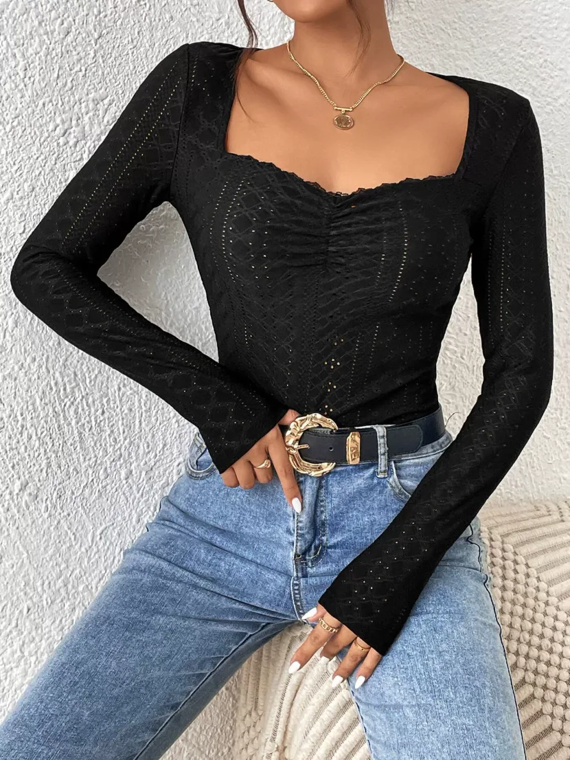Womens Basic Fashion T Shirt Simple Design Square Neck Long Sleeve Lace Trim Solid Color Spring