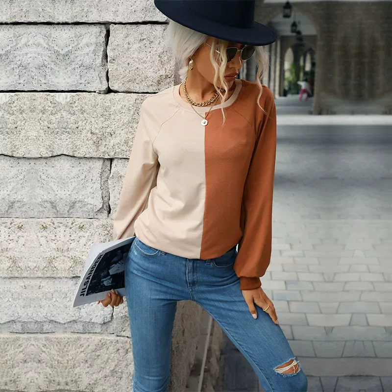 Womens Long Sleeve T Shirt Color Block Design Comfortable Fabric Casual Style Perfect for Autumn