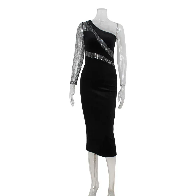 Fashionable One Shoulder Sequin and Mesh Dress Elegant Design High Quality Fabric Perfect for Ev
