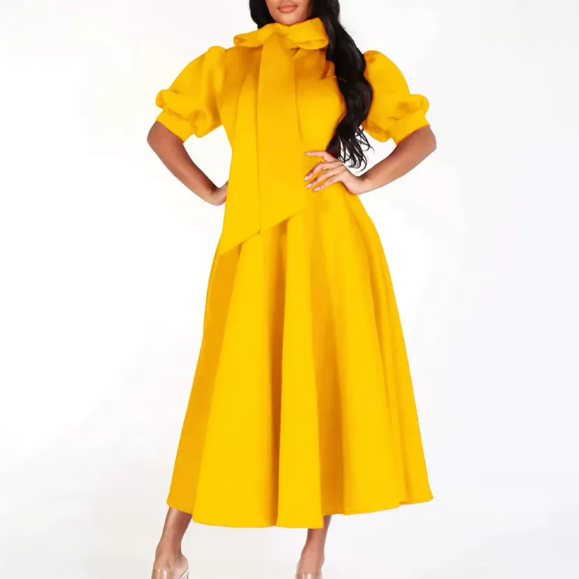 Elegant Puff Sleeve Solid Color Maxi Dress Waist Tie Flattering Fit Spring Summer Style Wholesal