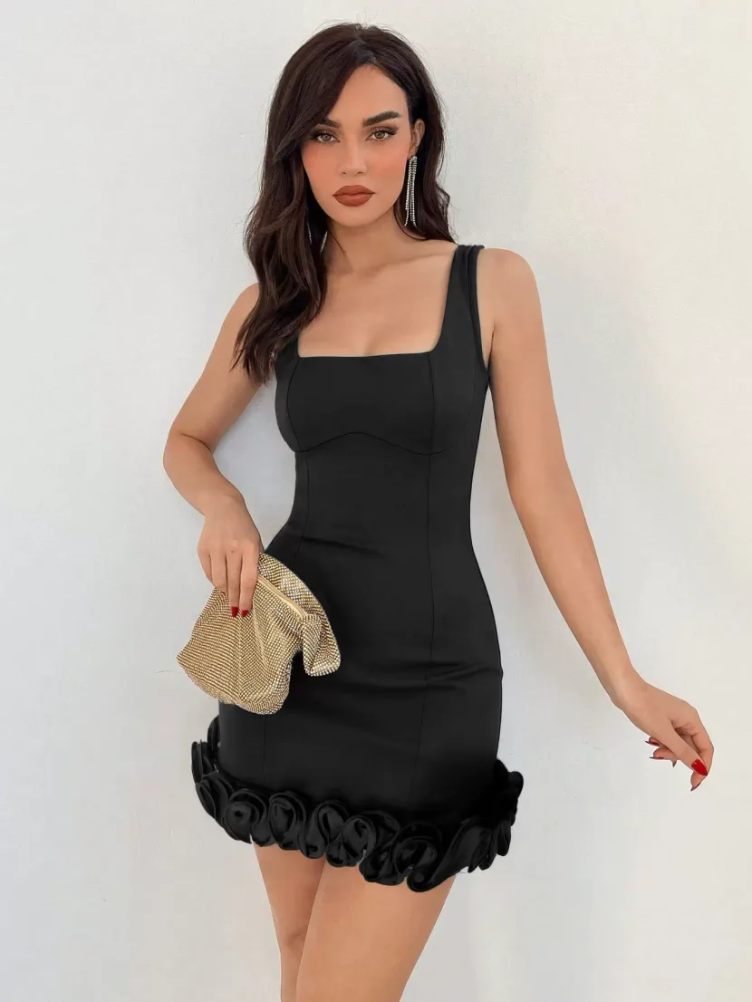 Elegant Womens Dress Sleeveless Ruffle Hem Bodycon Fit Solid Color Perfect for Parties and Event