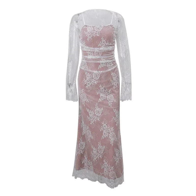 Womens Sleeveless Lace Maxi Dress Elegant Floral Design Long Sleeve Sexy Fit Perfect for Autumn