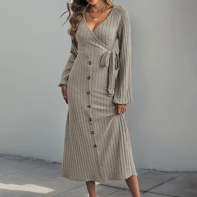 Knit Midi Dress Solid Color A Line Long Sleeve Comfortable Fabric Autumn Winter Fashion Wholesal