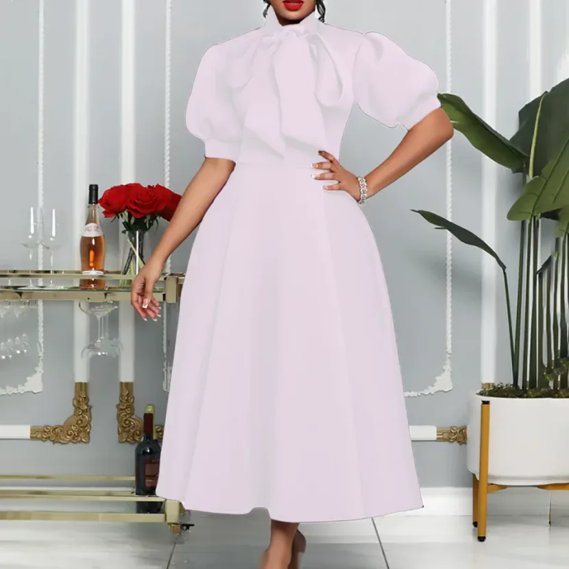 Plus Size Womens Summer Dress Solid Color Bow Tie Flared Hem Elegant Party Gown Wholesale Availa