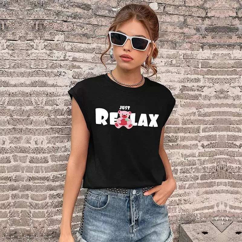 Womens Black Printed Short Sleeve T Shirt Summer Casual Style Trendy European and American Fashi