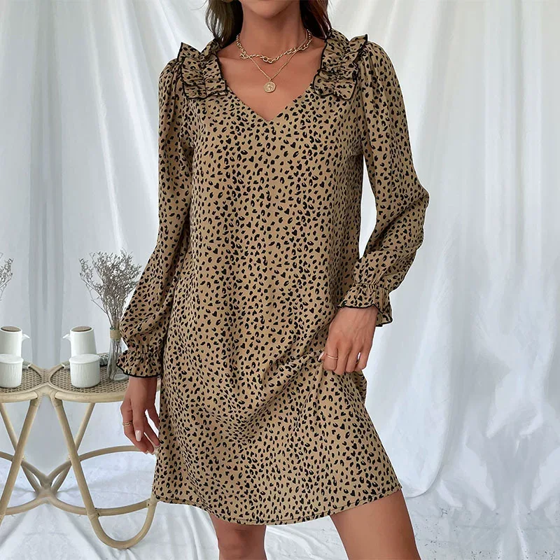 Leopard Print Long Sleeve Dress Loose Fit Ruffle Trim Autumn Fashion Perfect for Casual Outings