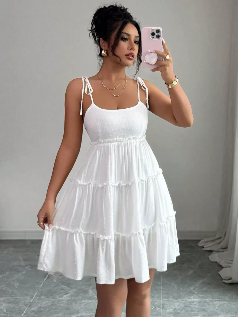 French Style Womens Summer Dress Elegant A Line Lace Up Sleeveless Cake Skirt Perfect for Casual