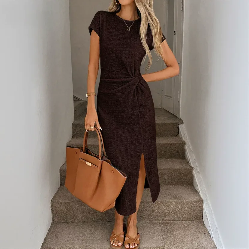Elegant Brown Short Sleeve Midi Dress for Women Vintage Modern Style Waist Defining Side Slit Pe