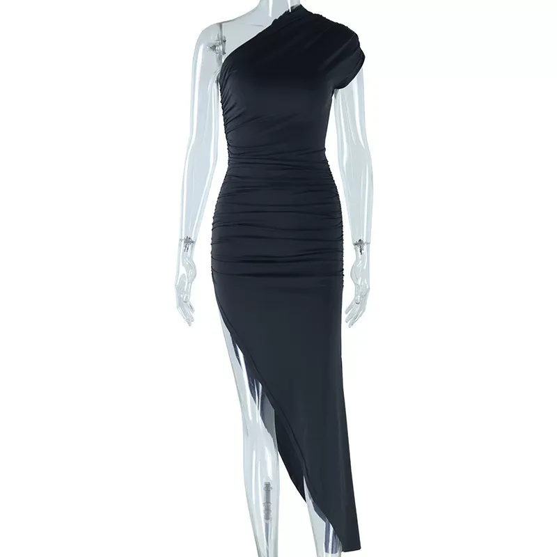 Black and White Color Block Asymmetrical Maxi Dress Short Sleeve Off Shoulder Pleated Design Cas