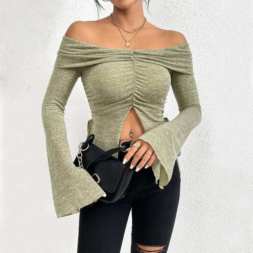 Off Shoulder Knit Top Long Sleeve Bell Sleeve Split Design Fall Winter Fashion for Women Wholesa