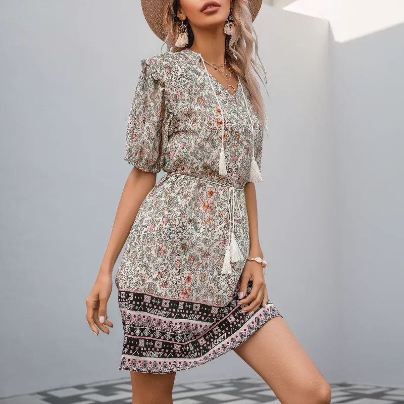 Vintage Bohemian Floral Maxi Dress Slim Fit V Neck Tassel Detail Perfect for Summer Events Whole