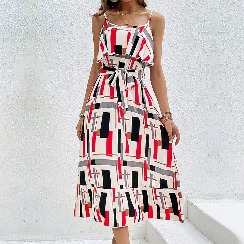 Elegant Ruffled Hem Geometric Print Maxi Dress Colorful Trendy Sleeveless Perfect for Summer Eve