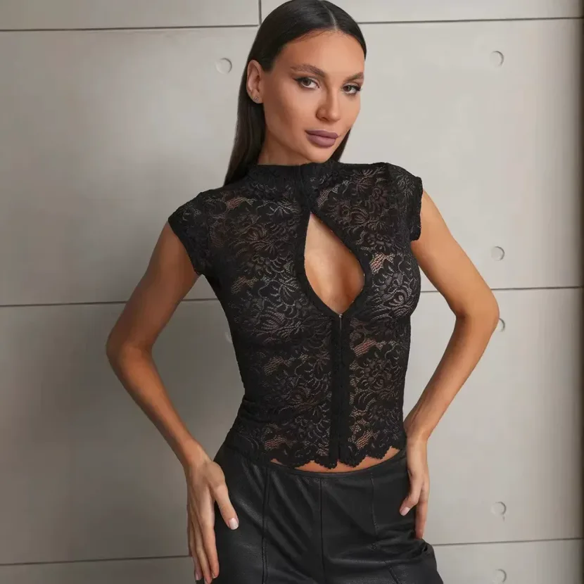 Lace Sheer Button Up Top Slim Fit Elegant Design Sexy Style Perfect for Evening Wear Wholesale A