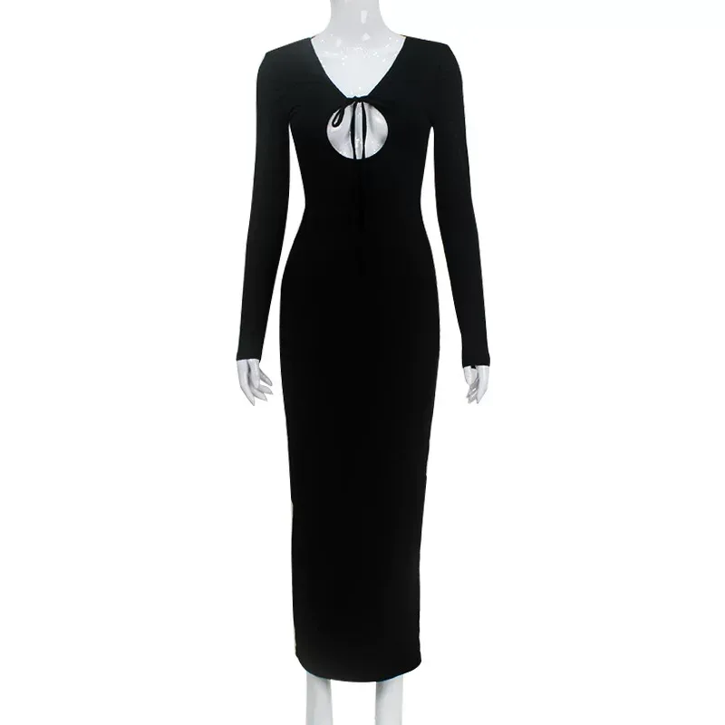 Sexy Hollow Back Long Sleeve Bodycon Dress European Style Lace Up Design Perfect for Parties Who