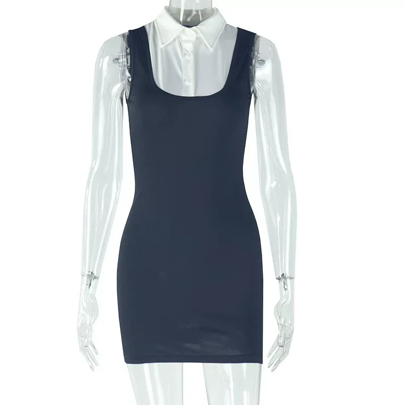 Elegant Color Block Bodycon Dress Sleeveless V Neck Short Length Perfect for Parties and Events