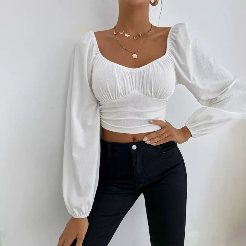 Casual Womens T Shirt Long Sleeve Waist Defined Short Crop Spring Summer Fashion for Parties and