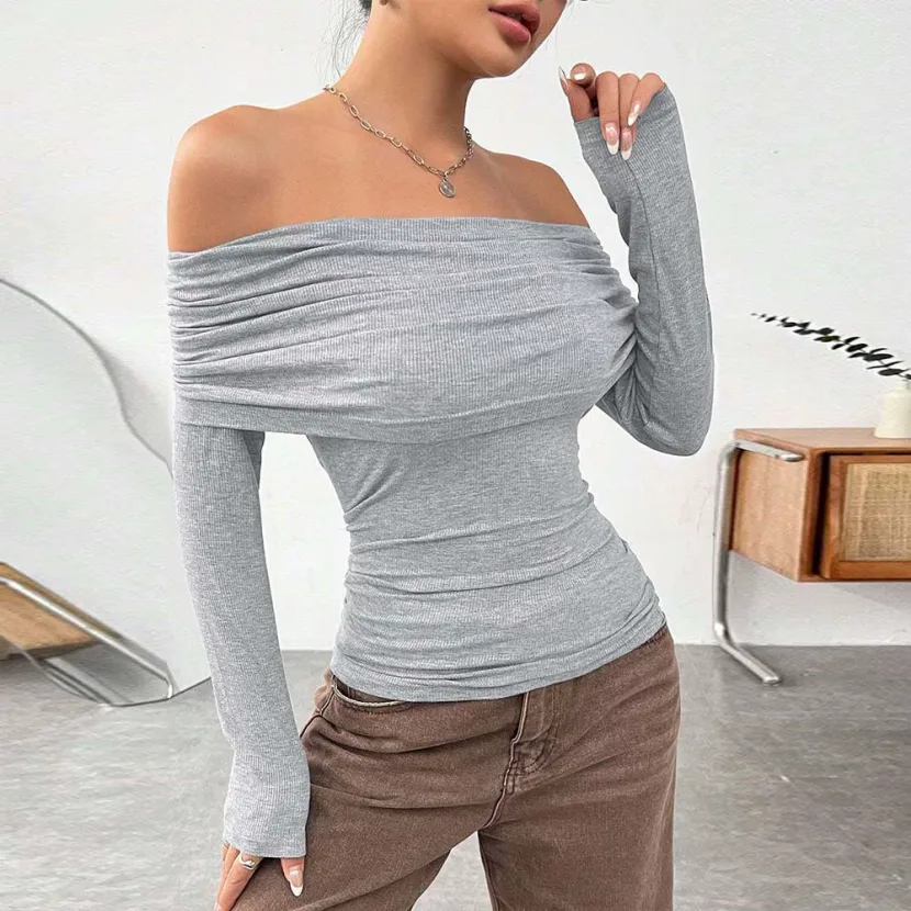 Womens Knit Long Sleeve Top Off Shoulder Slim Fit Fashionable Design Autumn Winter Style Wholesa