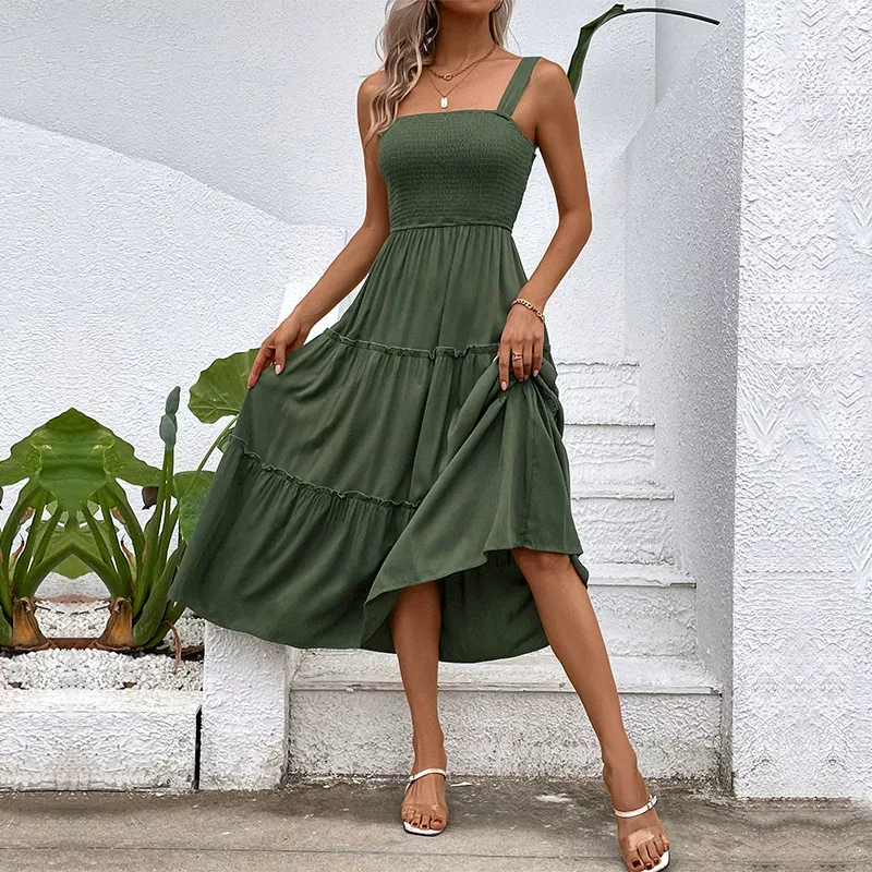 Casual Summer Dress Solid Color Adjustable Straps Waist Tie Design Beach Vacation Essential Whol