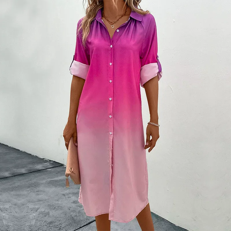 Fashion Womens Long Sleeve Gradient Shirt Dress Trendy Design Comfortable Fabric Versatile Style