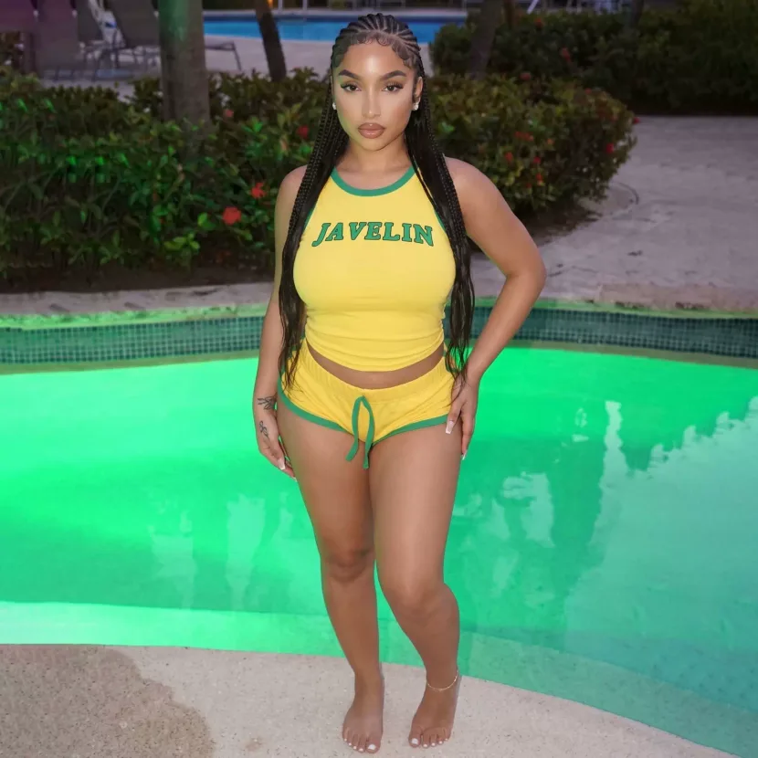 Womens Summer Casual Set Sleeveless Crop Top and Drawstring Shorts Letter Print Available in Yellow and Black Wholesale