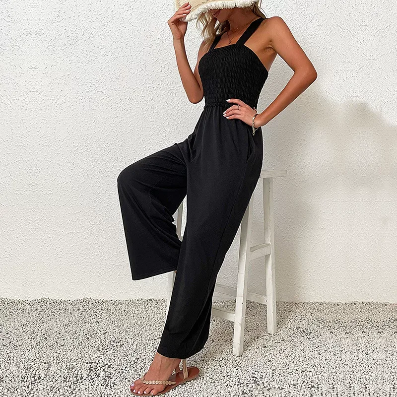 Black Wide Leg Jumpsuit Casual Comfortable Summer Fashion Perfect for Vacation or Everyday Wear Wholesale Availa