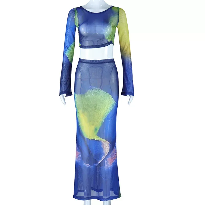 Floral Print Bodycon Dress Set Ruffled Short Top High Waist Flared Sleeves Stylish Midi Skirt Pe