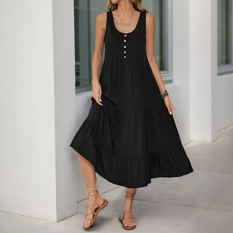 Summer Midi Dress Sleeveless Button Detail Solid Color Casual Wear for Women OEM Available
