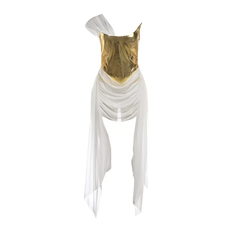 Gold Sheer Mesh Panel Dress Stylish Ribbons Sexy Fit Spring Fashion Perfect for Parties and Nigh