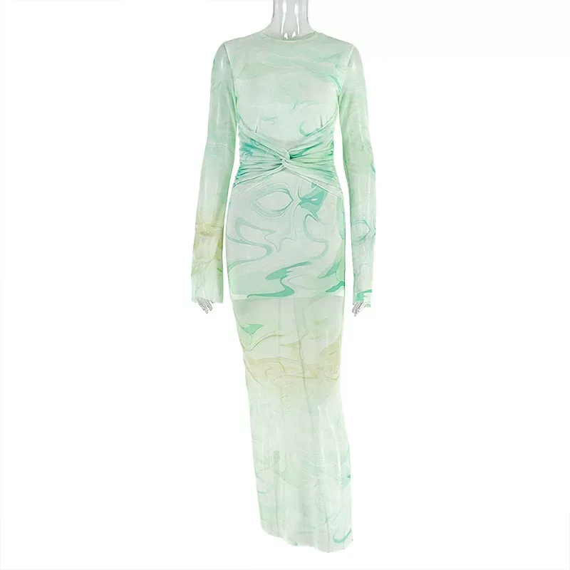 Elegant Womens Long Dress Slim Fit Ruffled High Neck Floral Print Perfect for Office or Casual O