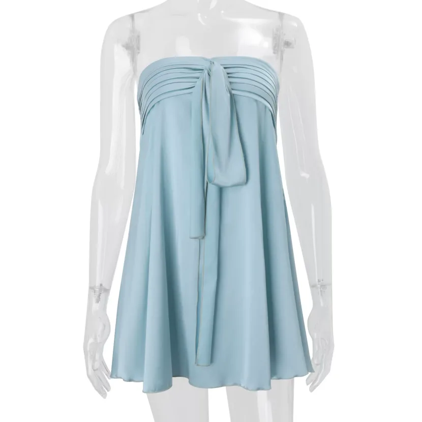 Satin Strapless Bodycon Dress Solid Color Sleeveless Trendy Street Style Spring Summer Fashion W