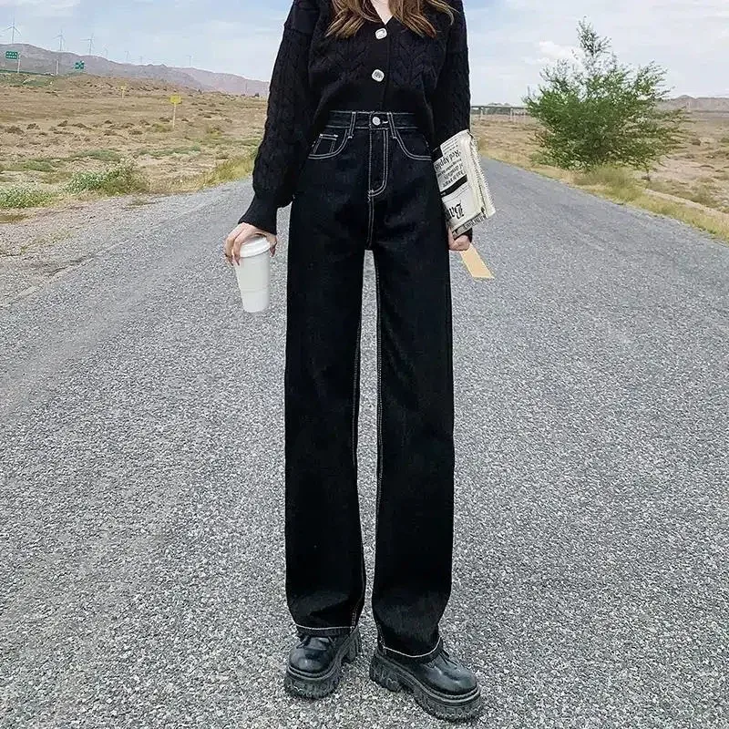 速卖通牛仔裤女2023春季新款韩版学生宽休闲松显瘦显高垂感拖地裤