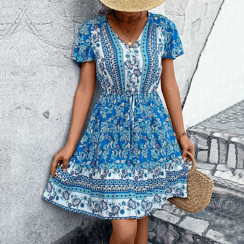Summer Womens Dress V Neck Floral Print Bohemian Style Perfect for Casual Outings Wholesale Avai