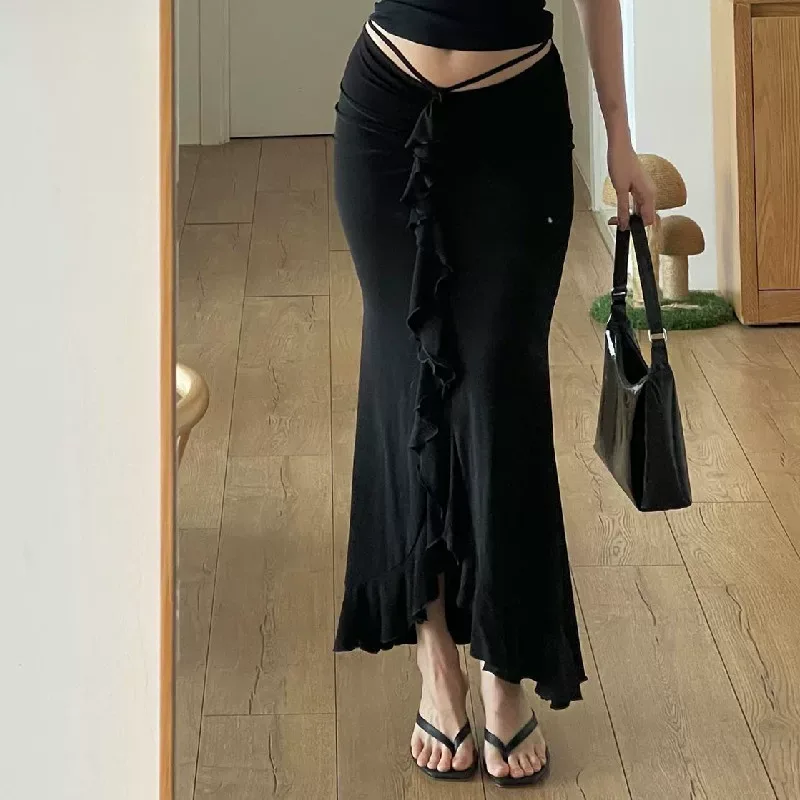 French Style Ruffled Hem Midi Skirt Low Waist Pleated Design Elegant Fit Perfect for Autumn Fash